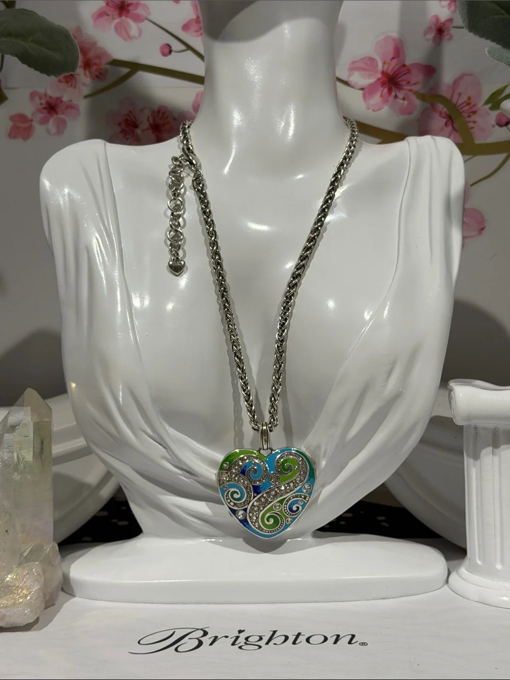 🆕💙💚RARE Brighton VTG SLV SWAROVSKI CRYSTAL Enamel #WearableArt Heart Necklace!